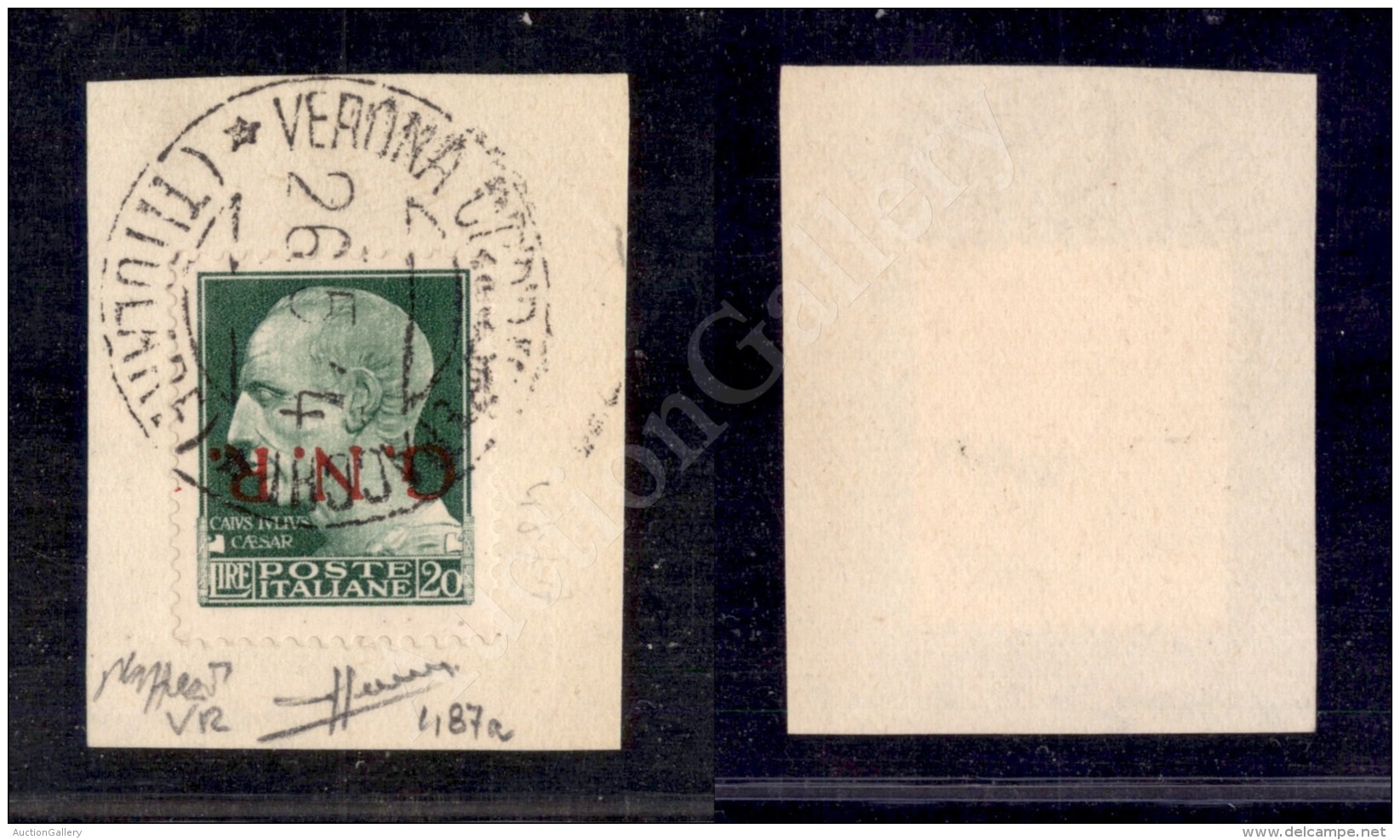 1944 - GNR Verona - 20 Lire Con Soprastampa Capovolta (487a) Su Frammento - Verona &ldquo;Titolare&rdquo; 26.5.44 -... - Other & Unclassified