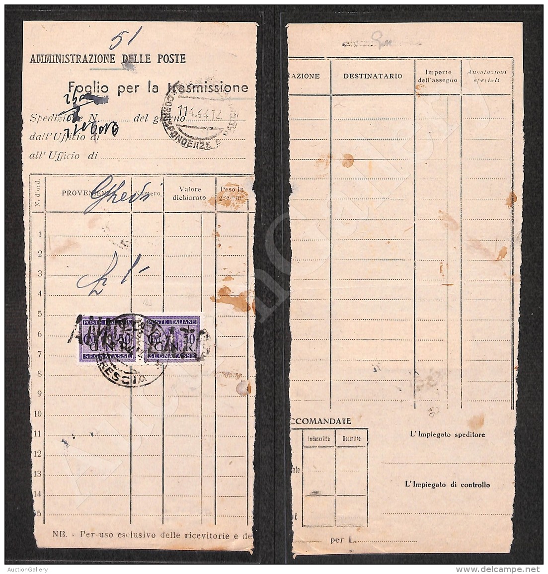 1944 - GNR Brescia - 50 Cent (53/I - Segnatasse) - Coppia Su Modulo Postale - Ghedi 12.4.44 - Other & Unclassified