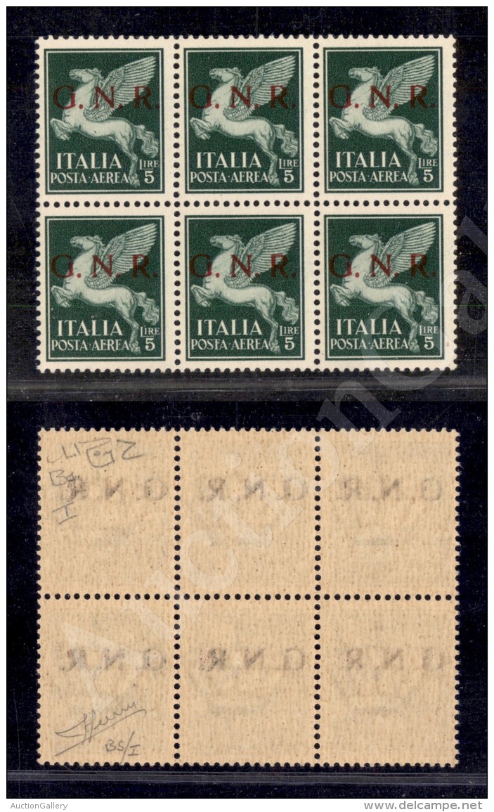 1943 - GNR Brescia - 5 Lire (123/I - Aerea) - Blocco Di 6 Con Decalco Oleoso Al Retro - Gomma Integra - Raybaudi +... - Sonstige & Ohne Zuordnung