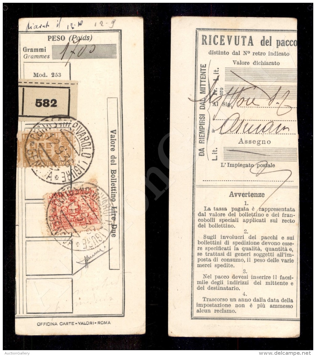 2 Lire (5 - Assicurativi) + 3 Lire (32 - Pacchi Postali) Su Cedolina - Genova 12.9.36 - Sorani (3.200) - Otros & Sin Clasificación