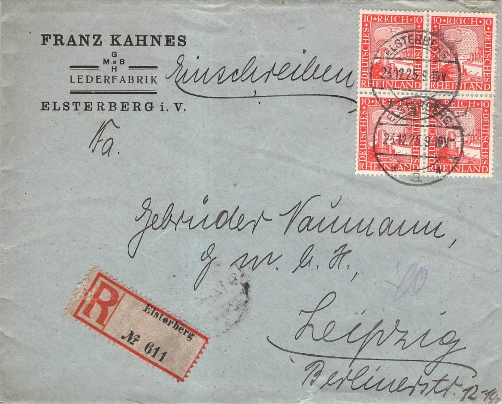 DEUTSCHES REICH - RECO 1925 ELSTERBERG -> LEIPZIG Mi #373 - Briefe U. Dokumente