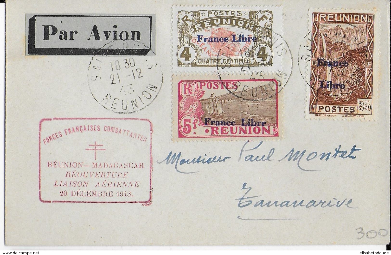 REUNION - 1943 - FRANCE LIBRE - YT 189 + 187 + 232 RARES Sur LETTRE Par AVION De SAINT DENIS => TANANARIVE (MADAGASCAR) - Lettres & Documents