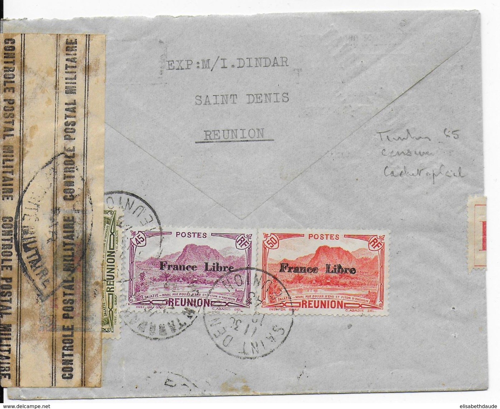 REUNION - 1943 - FRANCE LIBRE - LETTRE RECO Par AVION Avec CENSURE De SAINT DENIS => TANANARIVE (MADAGASCAR) - Lettres & Documents