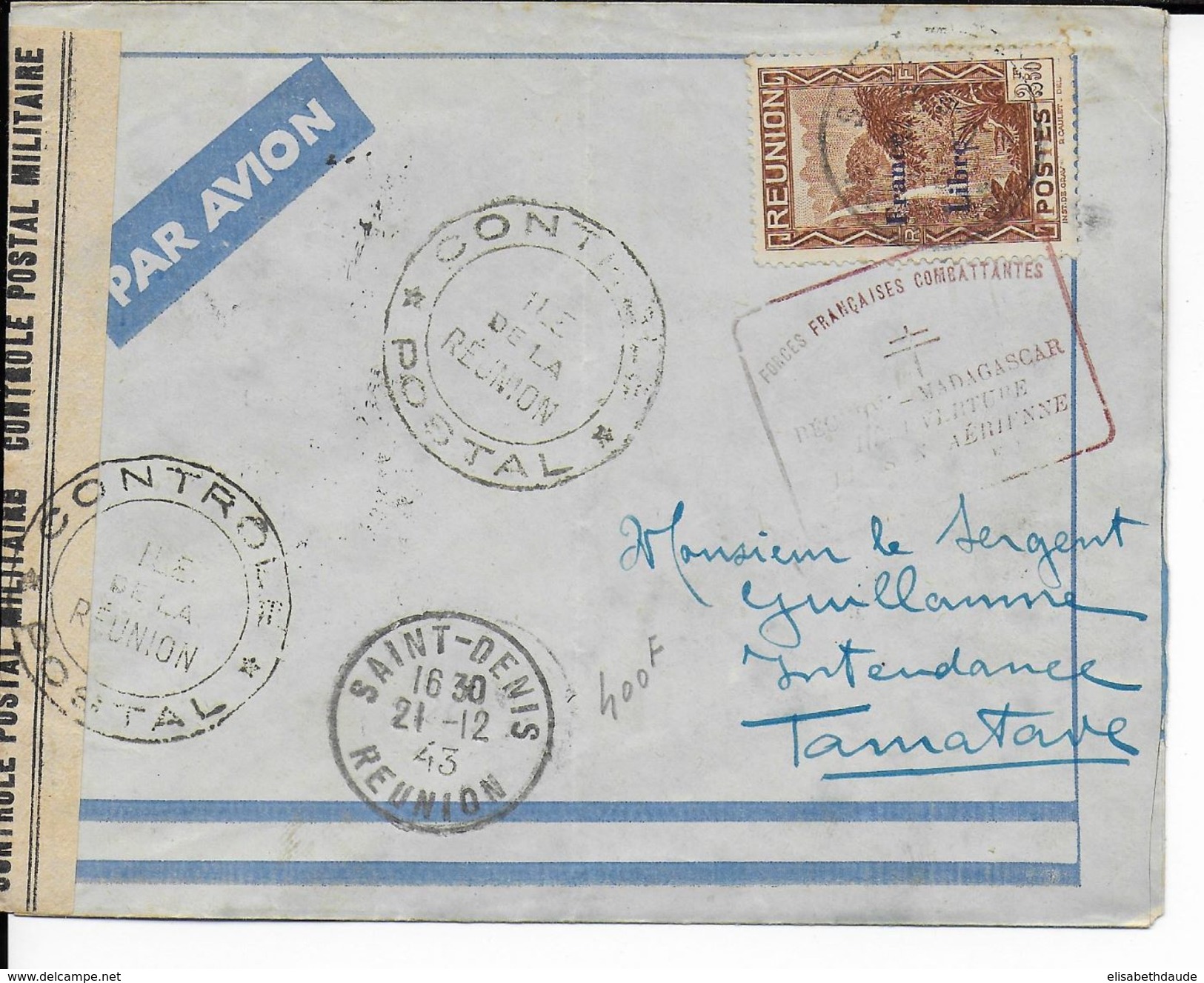 REUNION - 1943 - FRANCE LIBRE - YT 232 SEUL Sur LETTRE Par AVION Avec CENSURE De SAINT DENIS => TAMATAVE (MADAGASCAR) - Lettres & Documents