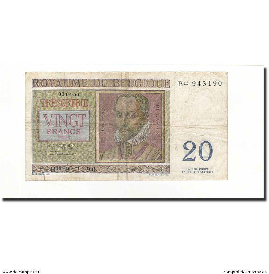 Billet, Belgique, 20 Francs, 1956-04-03, KM:132b, B - 20 Francos