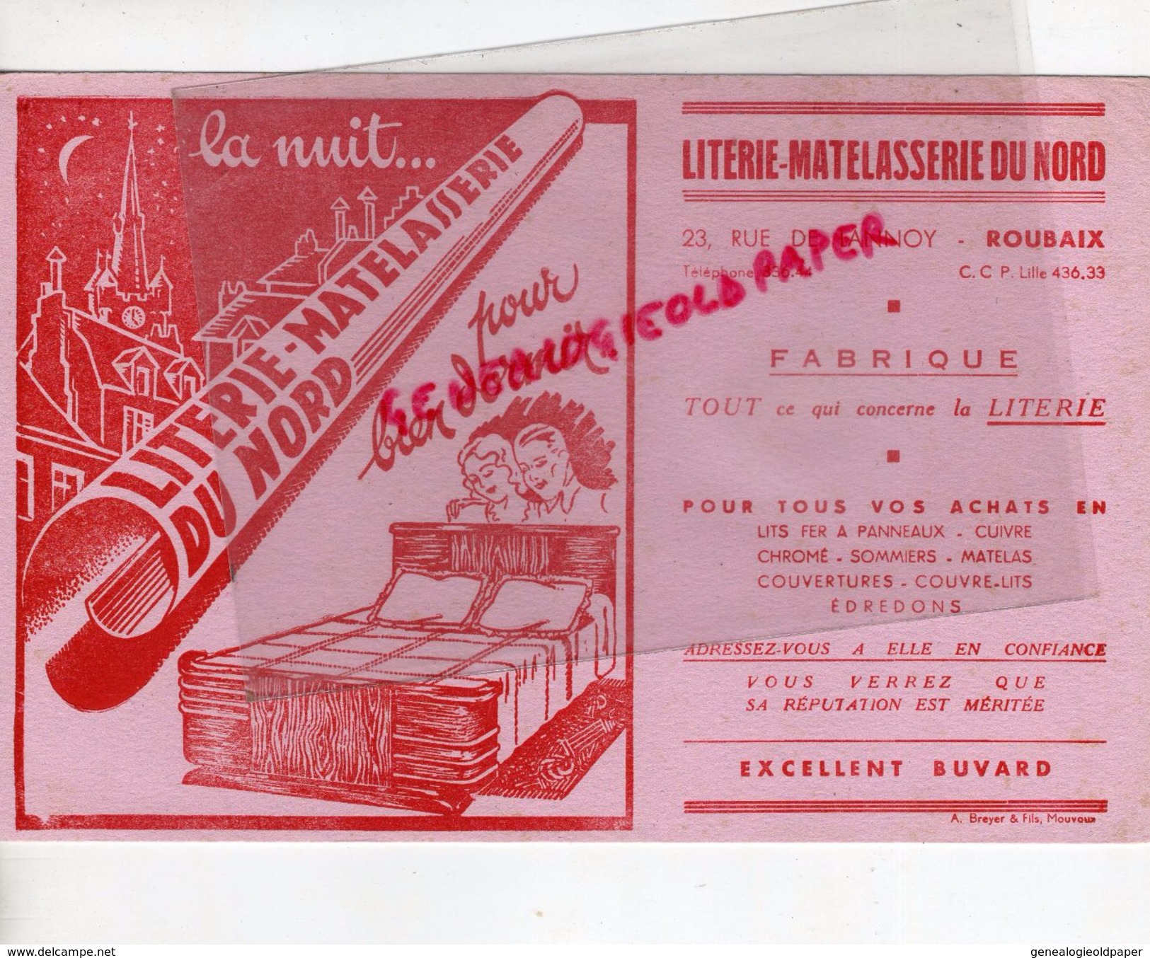 59 - ROUBAIX- BUVARD FABRIQUE LITERIE MATELASSERIE DU NORD- 23 RUE DE LANNOY- - Autres & Non Classés