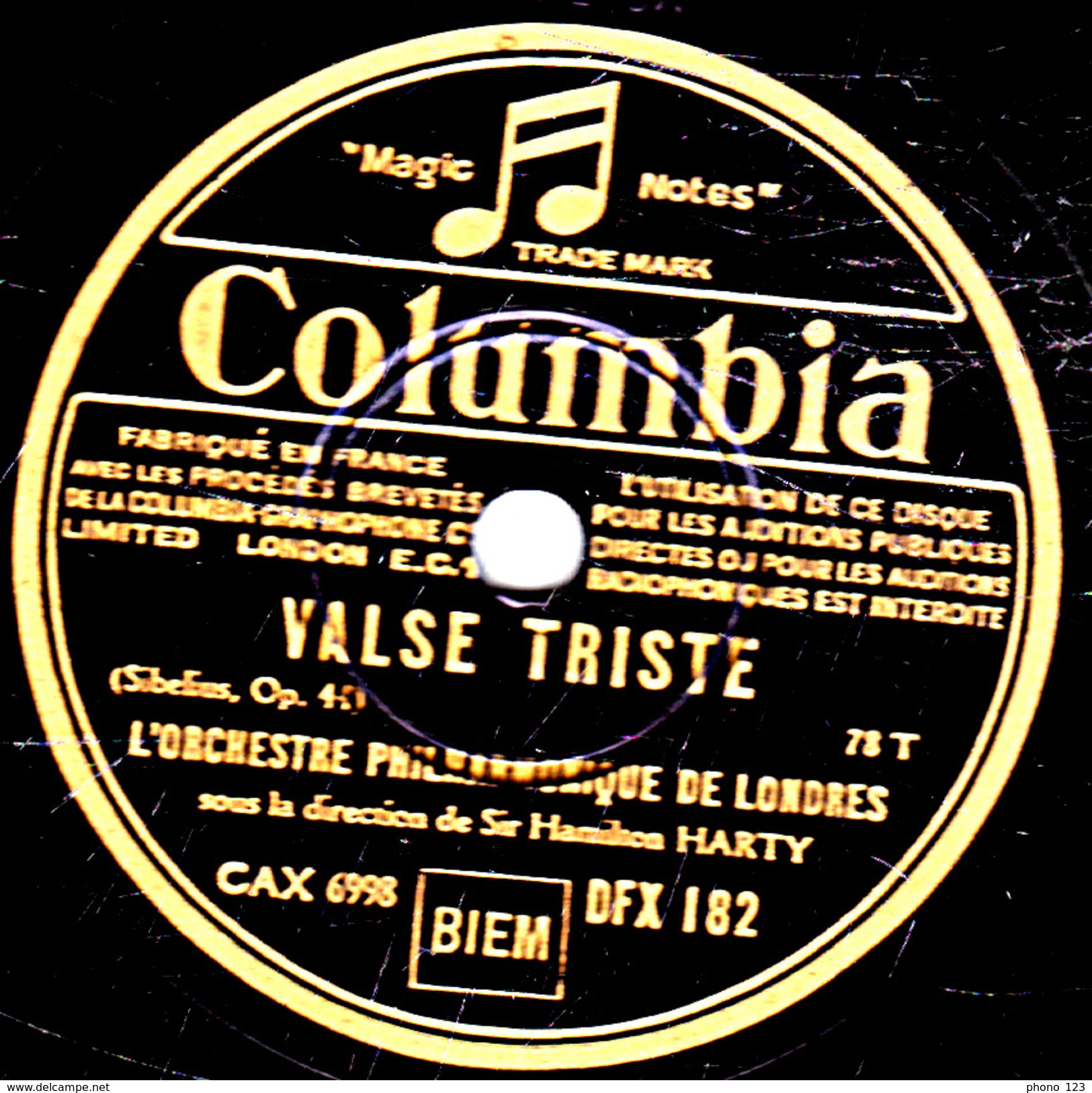 78 T - 30 Cm. - état TB - ORCHESTRE PHILHARMONIQUE DE LONDRES - MARCHE MILITAIRE - VALSE TRISTE - 78 T - Disques Pour Gramophone