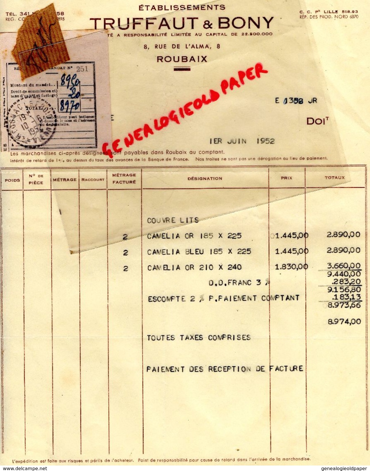 59 - ROUBAIX- FACTURE TRUFFAUT & BONY - 8 RUE DE L' ALMA - 1952 - Petits Métiers