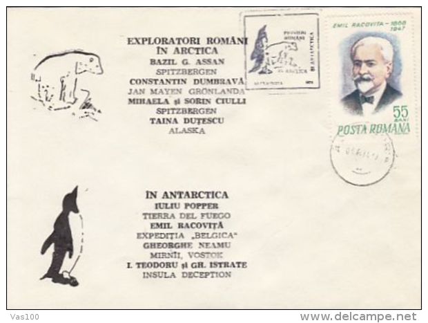 POLAR EXPLORERS, ROMANIAN EXPLORERS IN ARCTICA AND ANTARCTICA, POLAR BEAR, PENGUIN, SPECIAL COVER, 1974, ROMANIA - Polarforscher & Promis