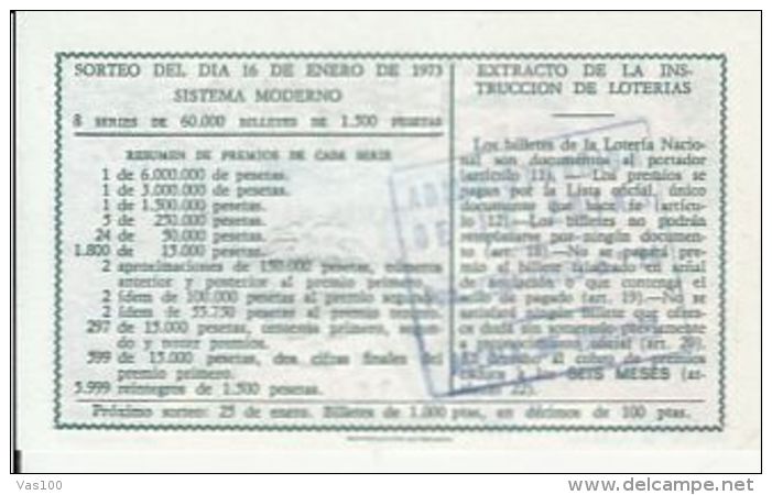 LOTTERY TICKETS, SPANISH NATIONAL LOTTERY COMPANY, DAM, 1973, SPAIN - Lotterielose