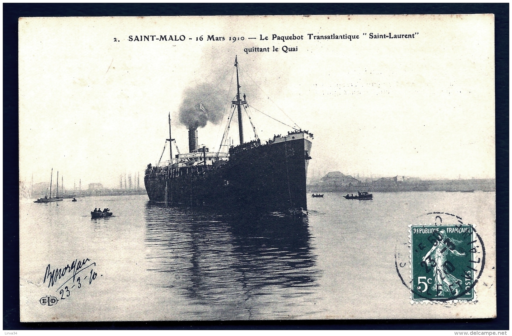 CPA ANCIENNE FRANCE- PAQUEBOTS- ST-MALOT (35)-LE TRANSTLANYIQUE "SAINT-LAURENT" QUITTANT LE QUAI- 16-03-1910- GROS PLAN - Paquebots