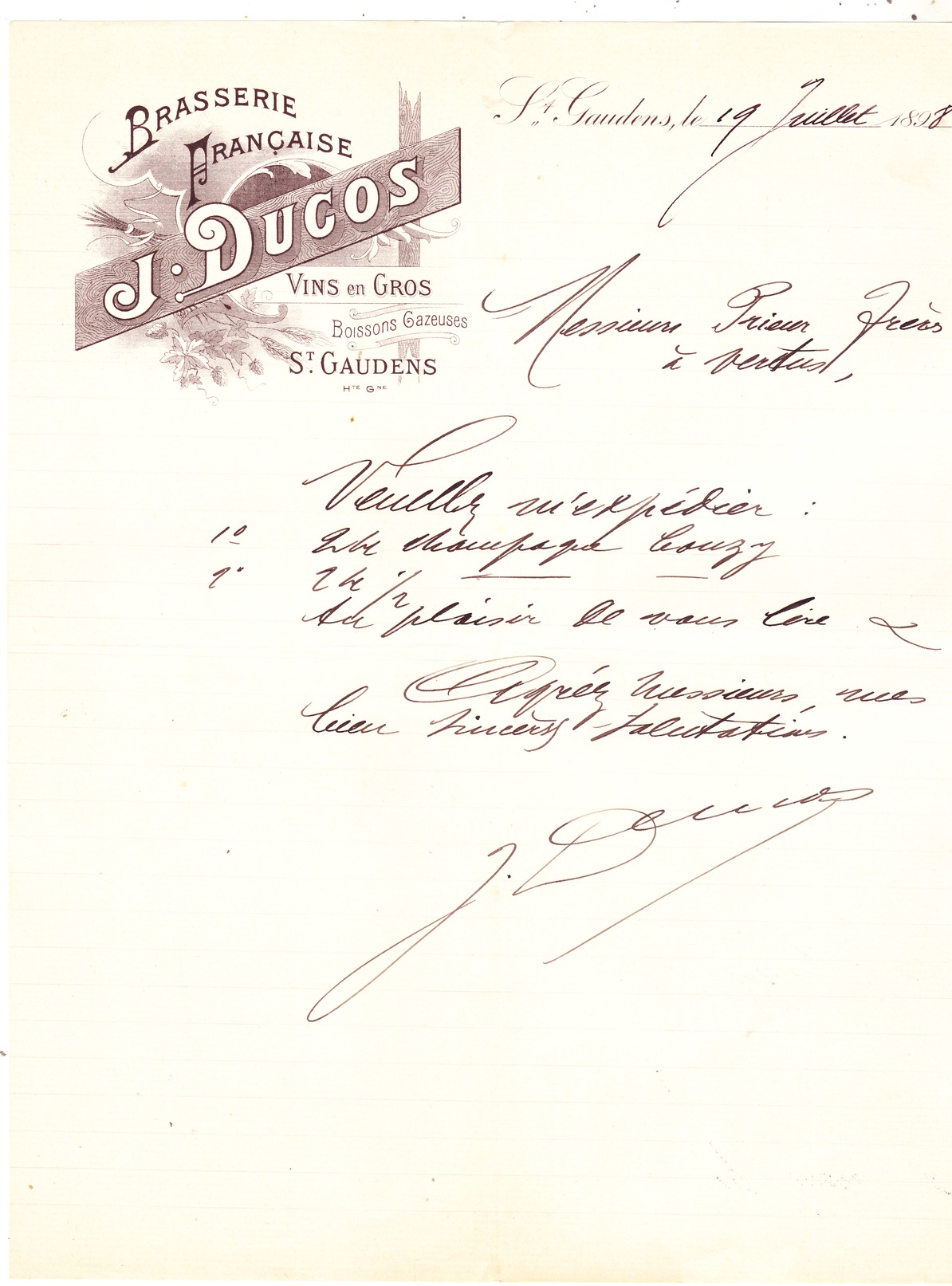 31 Saint Gaudens -Brasserie Française J DUCOS,vins En Gros.Lettre Illustrée De 1898. Tb état. - 1800 – 1899