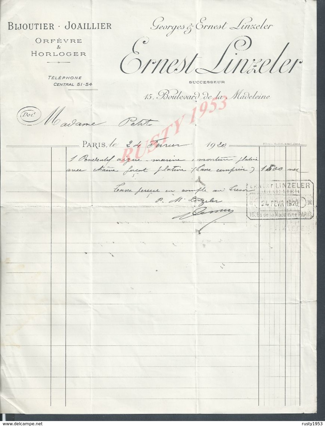 FACTURE DE 1920 ERNEST LINZELER BIJOUTIER HORLOGER ECT À PARIS Bl DE LA MADELEINE : - 1900 – 1949