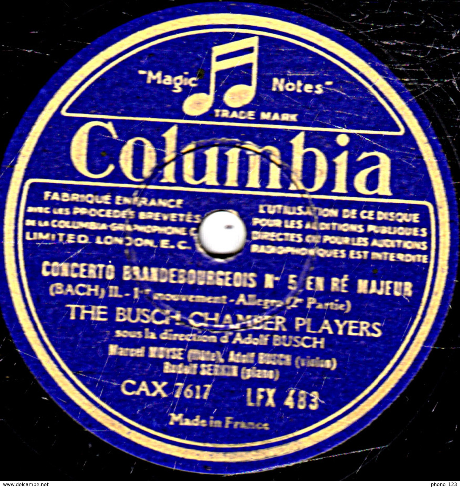 78 T - 30 Cm. - état TB - THE BUSCH CHAMBER PLAYERS - CONCERTO BRANDEBOURGEOIS N°5 (BACH) 1re Et 2e Parties - 78 T - Disques Pour Gramophone