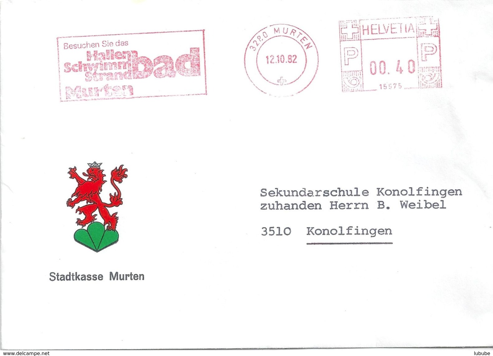 Motiv Brief  "Stadtkasse Murten"  (Freistempel Schwimmbad)          1982 - Storia Postale