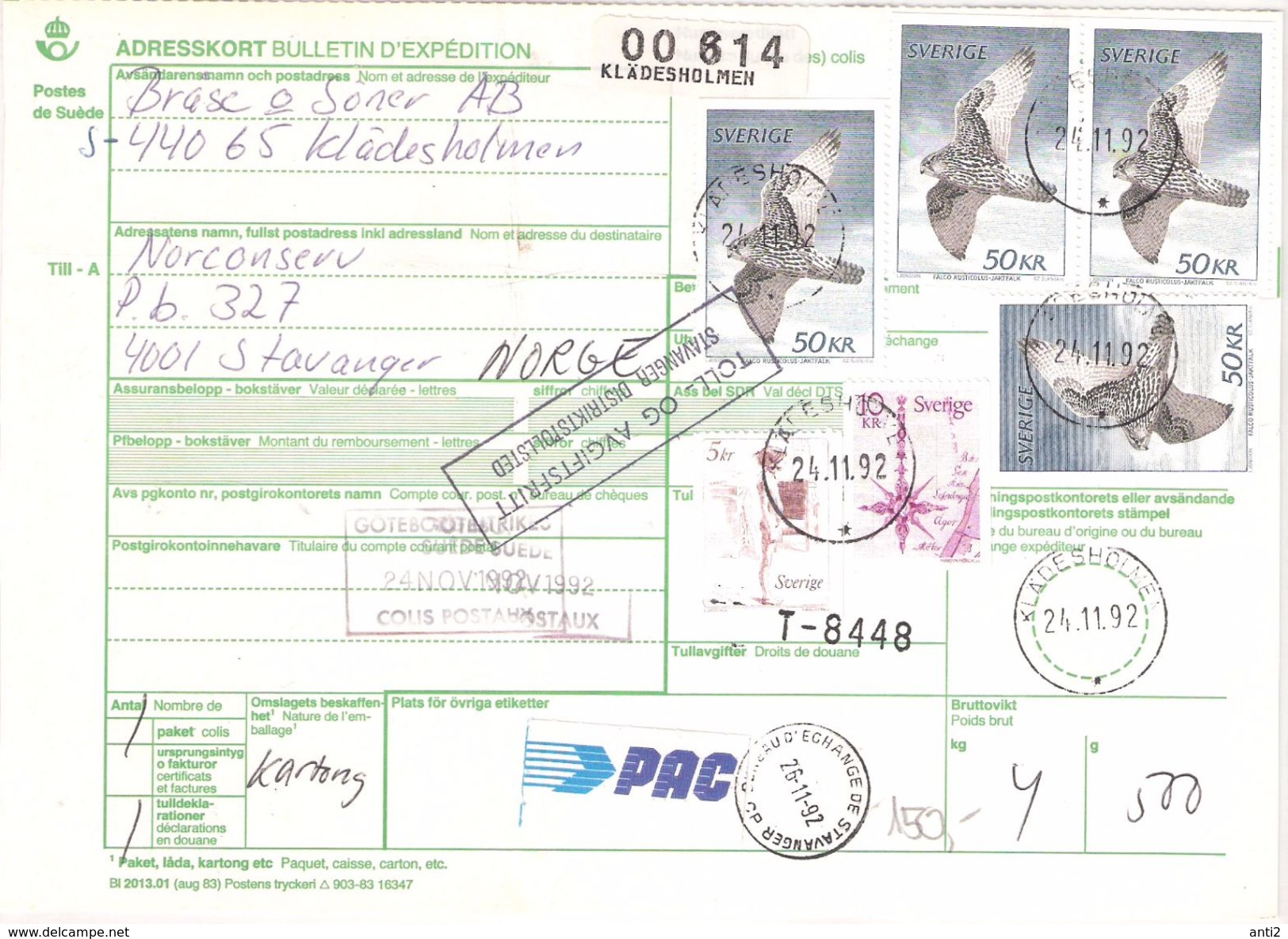 Sweden 1981 Gyrfalcon, Falco Rusticolus, Address Card With Six Stamps, Mi 1037, 1140 X4, 1186 Postage SEK 215, Document - Oblitérés