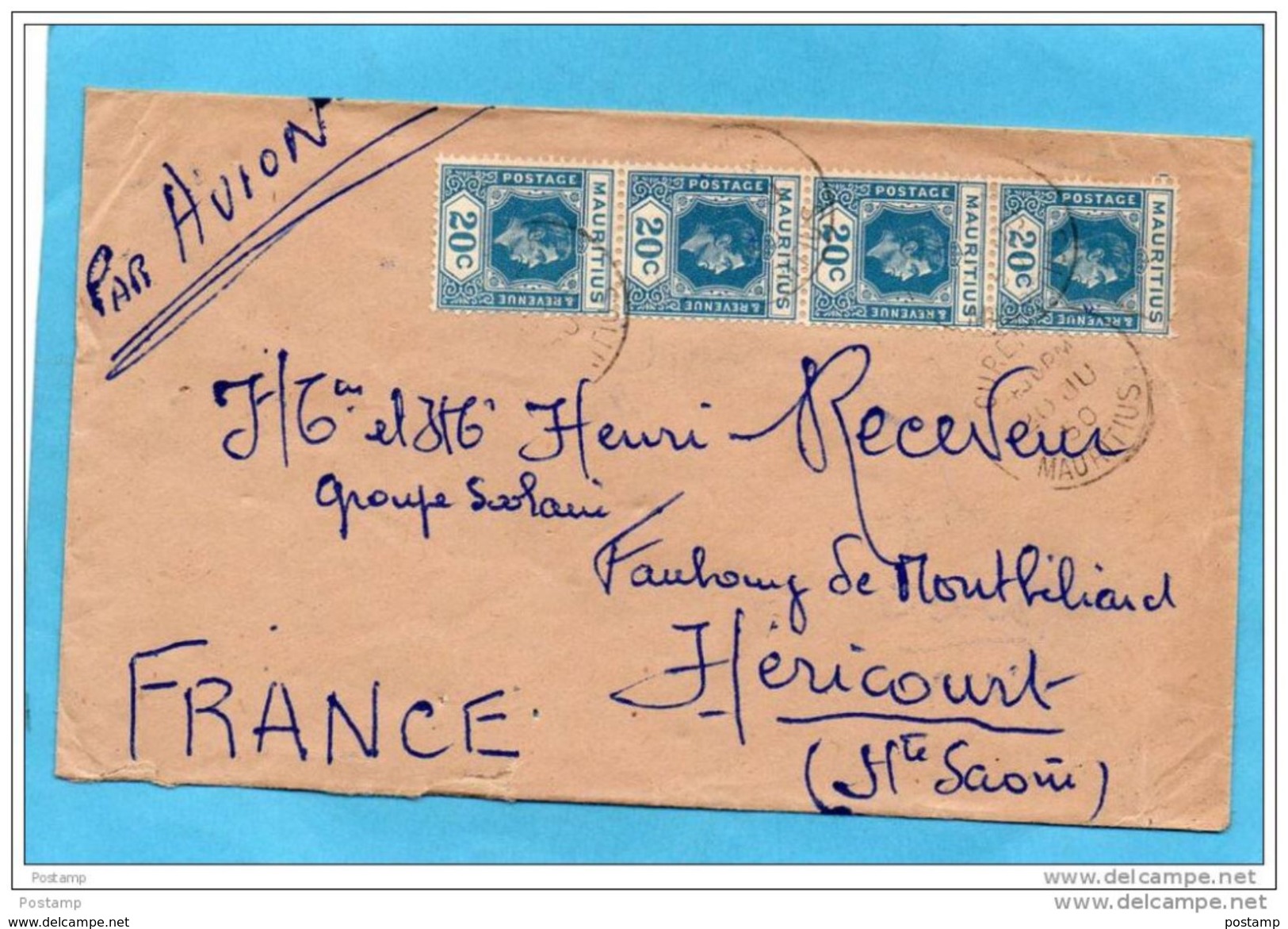 MARCOPHILIE Lettre-MAURICE-cad 1950-bande De 4 Stamps N°207 George VI--pour   Françe - Maurice (1968-...)