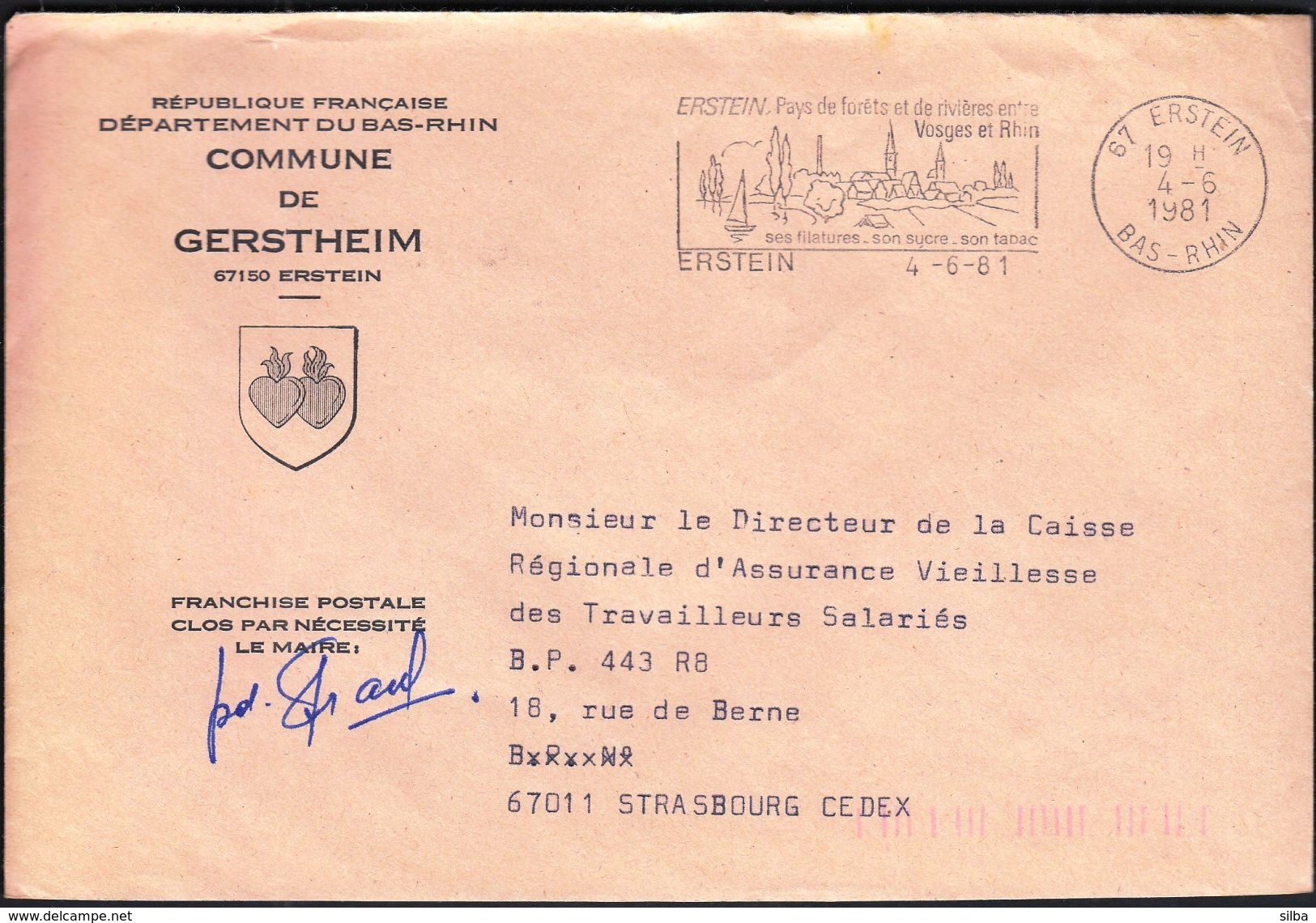 France Erstein 1981 / Commune De Gerstheim / Bas-Rhin / Mills, Sugar, Tobacco / Churches / Sailing / Machine Stamp - 1961-....