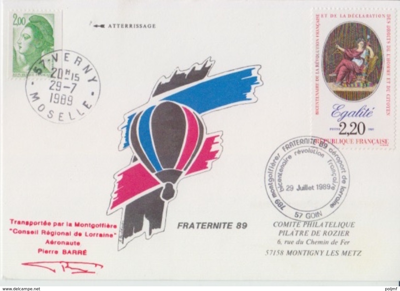 Aérostation, Fraternité 89 Pilâtre De Rozier, 29 Juillet 89, Transporté Par Montgolfière, Cachet D'huissier - Lettres & Documents