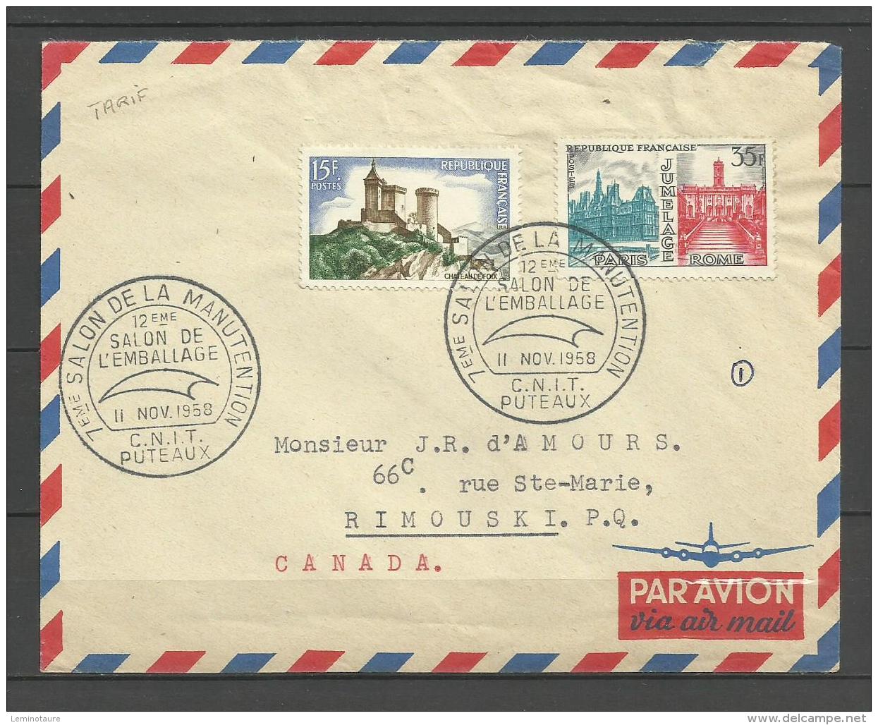 Lettre Avion Tarif Spécial CANADA 1958 / Affr. Jumelage Paris Rome - Chateau De Foix - 1921-1960: Modern Period