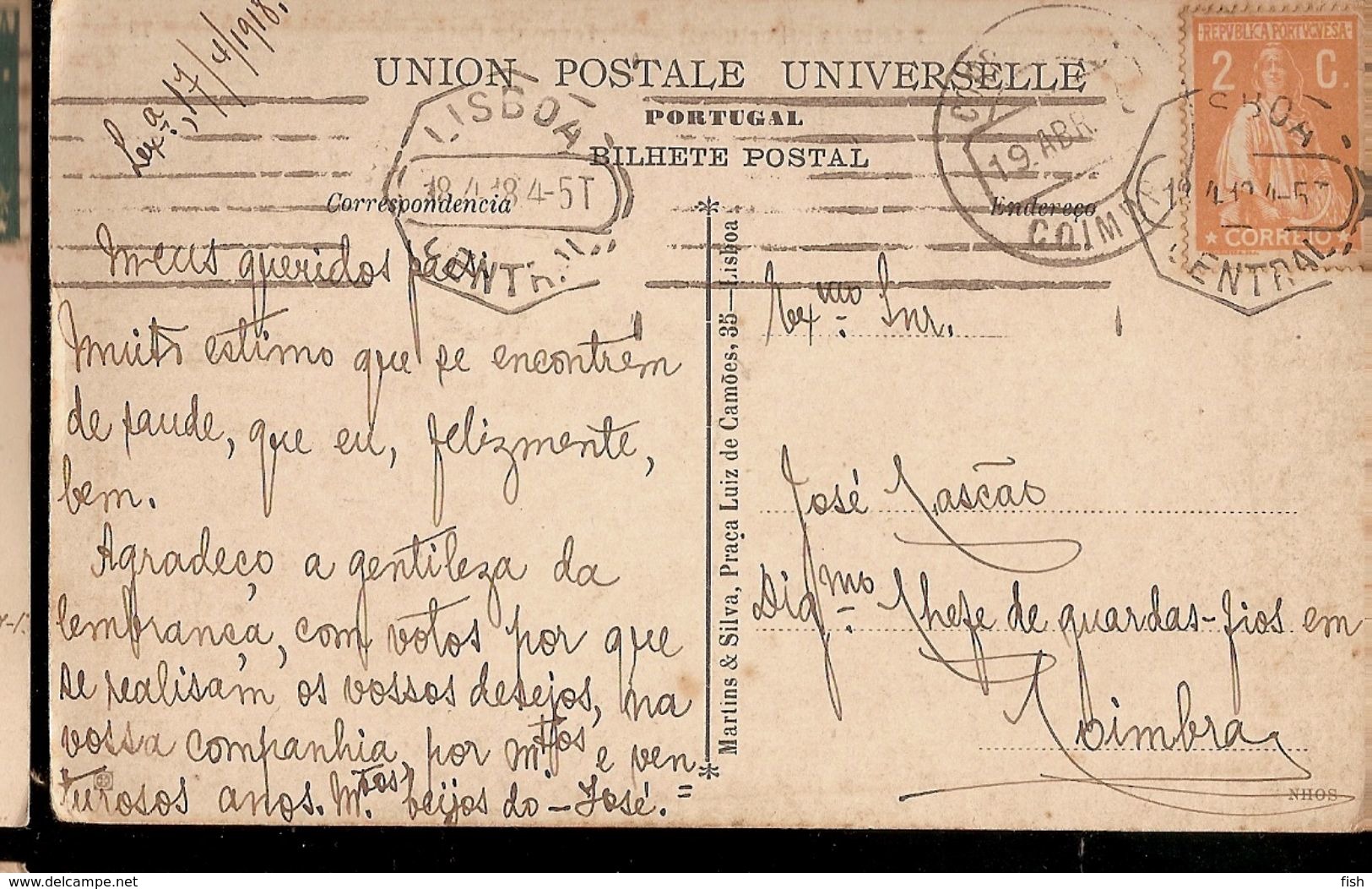 Portugal & Circulated Postal , Lisboa, Torre De Belém, Coimbra 1918 (216) - Monuments