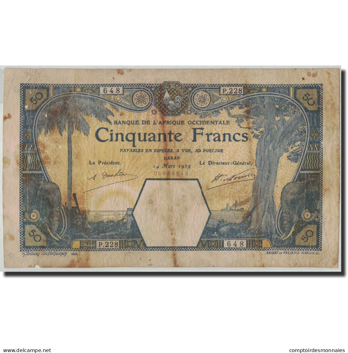 Billet, French West Africa, 50 Francs, 1929, 1929-03-14, KM:9Bc, B - Other - Africa