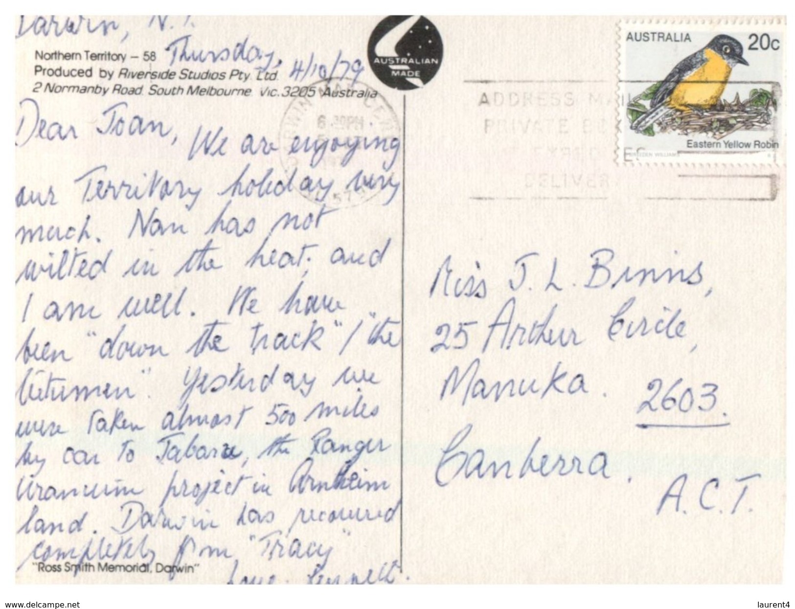 (718) Australia - (with Stamp At Back Of Card) - NT - Darwin Ross Smith Memorial - Darwin