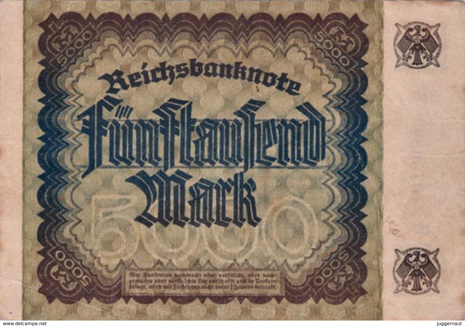 GERMANY 5000 MARK REICHSBANKNOTE 1922 AD PICK NO.81 VERY FINE VF - 5000 Mark