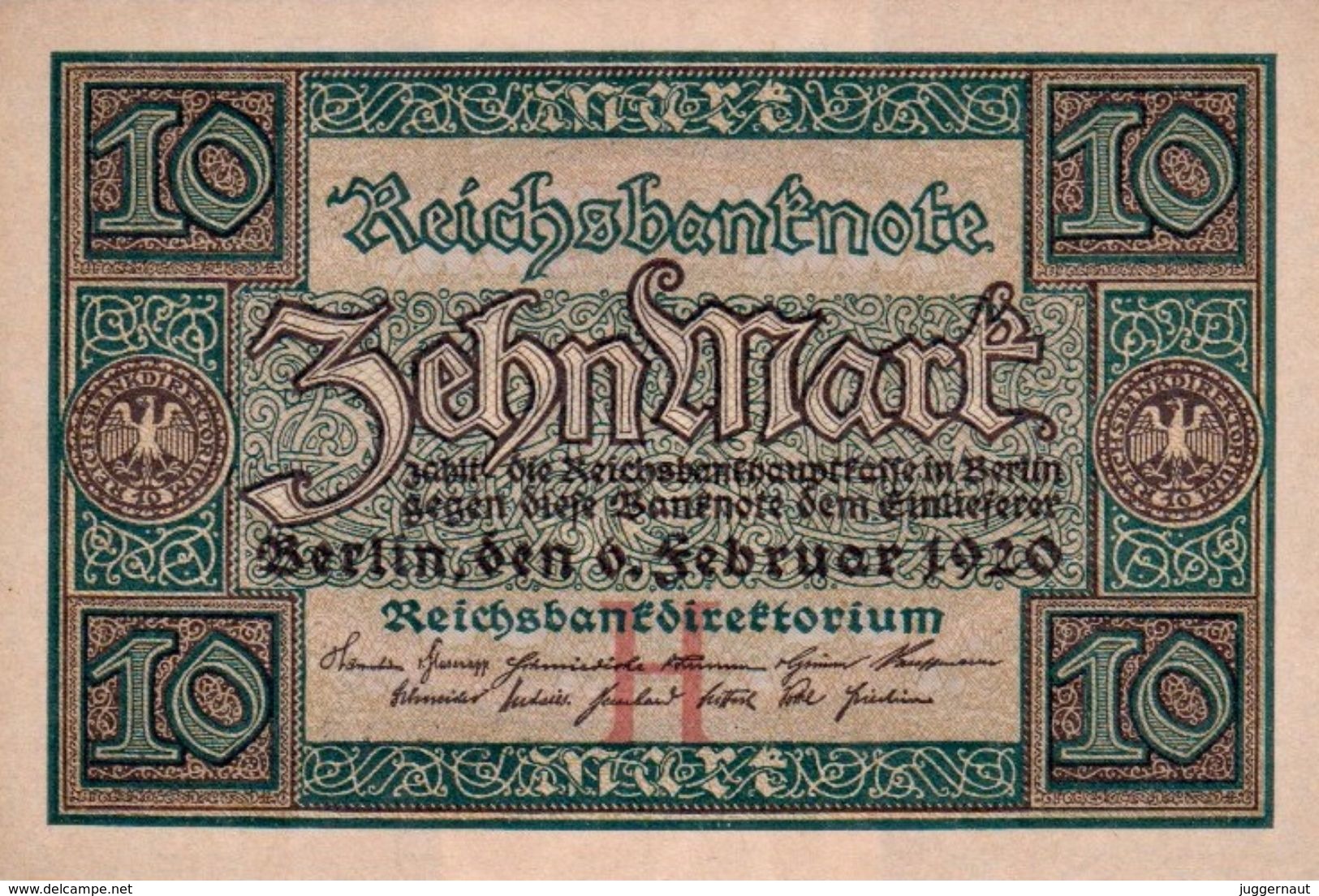 GERMANY 10 MARK REICHSBANKNOTE 1920 AD PICK NO.67 UNCIRCULATED UNC - 10 Mark