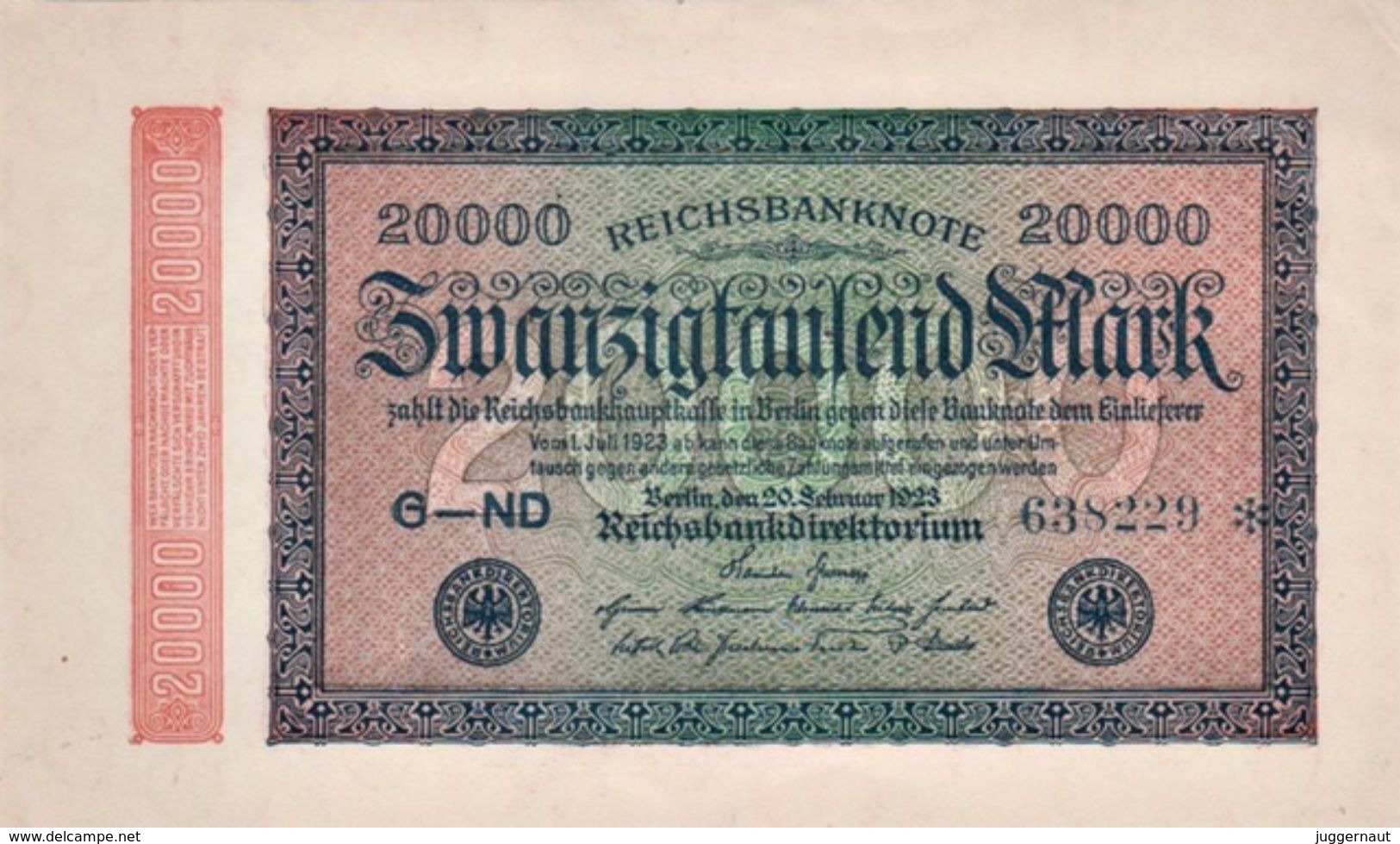 GERMANY 20000 MARK REICHSBANKNOTE 1923 AD PICK NO.85 UNCIRCULATED UNC - 20.000 Mark