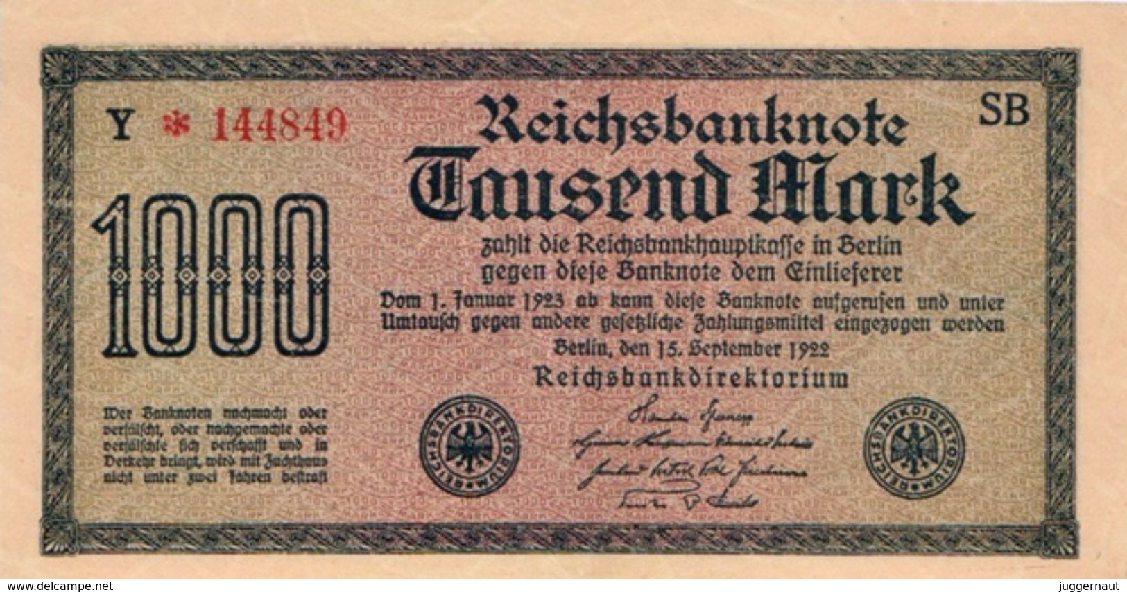 GERMANY 1000 MARK REICHSBANKNOTE 1922 AD PICK NO.76b UNCIRCULATED UNC - 1.000 Mark