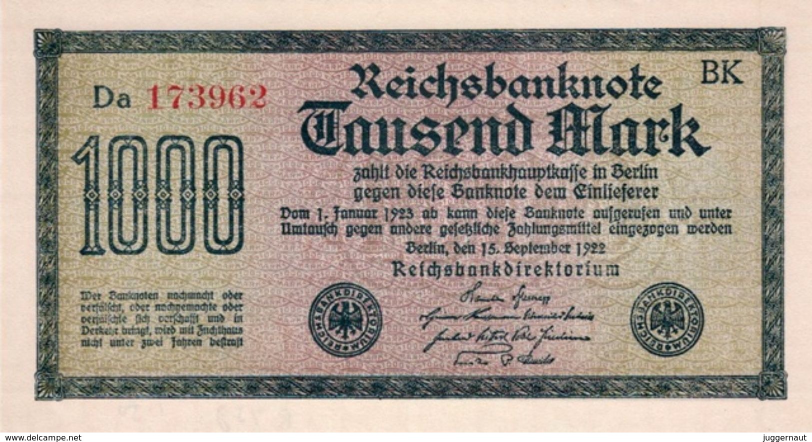 GERMANY 1000 MARK REICHSBANKNOTE 1922 AD PICK NO.76a UNCIRCULATED UNC - 1000 Mark