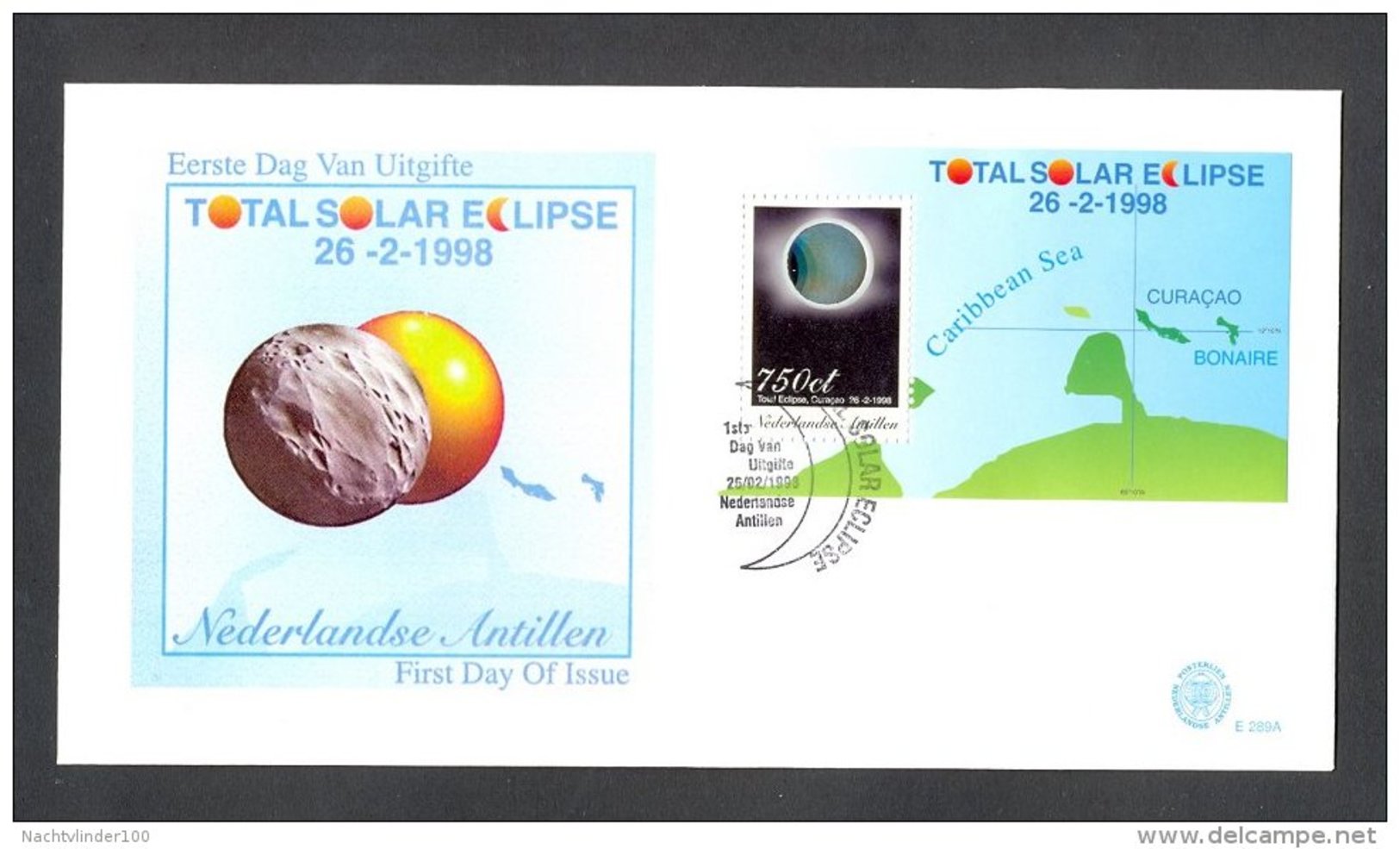 Ndv289Afb E289A ASTROLGIE ZONSVERDUISTERING SOLAR ECLIPSE PLANETS HOLOGRAM ASTROLOGY SUN NEDERLANDSE ANTILLEN 1998 FDC - Astrologie