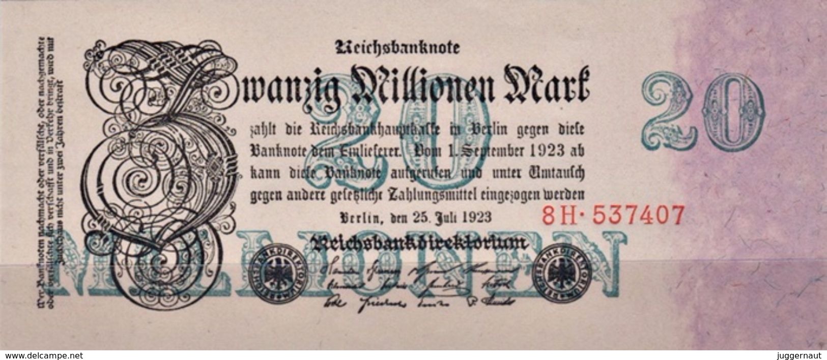 GERMANY 20 MILLIONEN MARK REICHSBANKNOTE 1923 AD PICK NO.97 UNCIRCULATED UNC - 20 Miljoen Mark