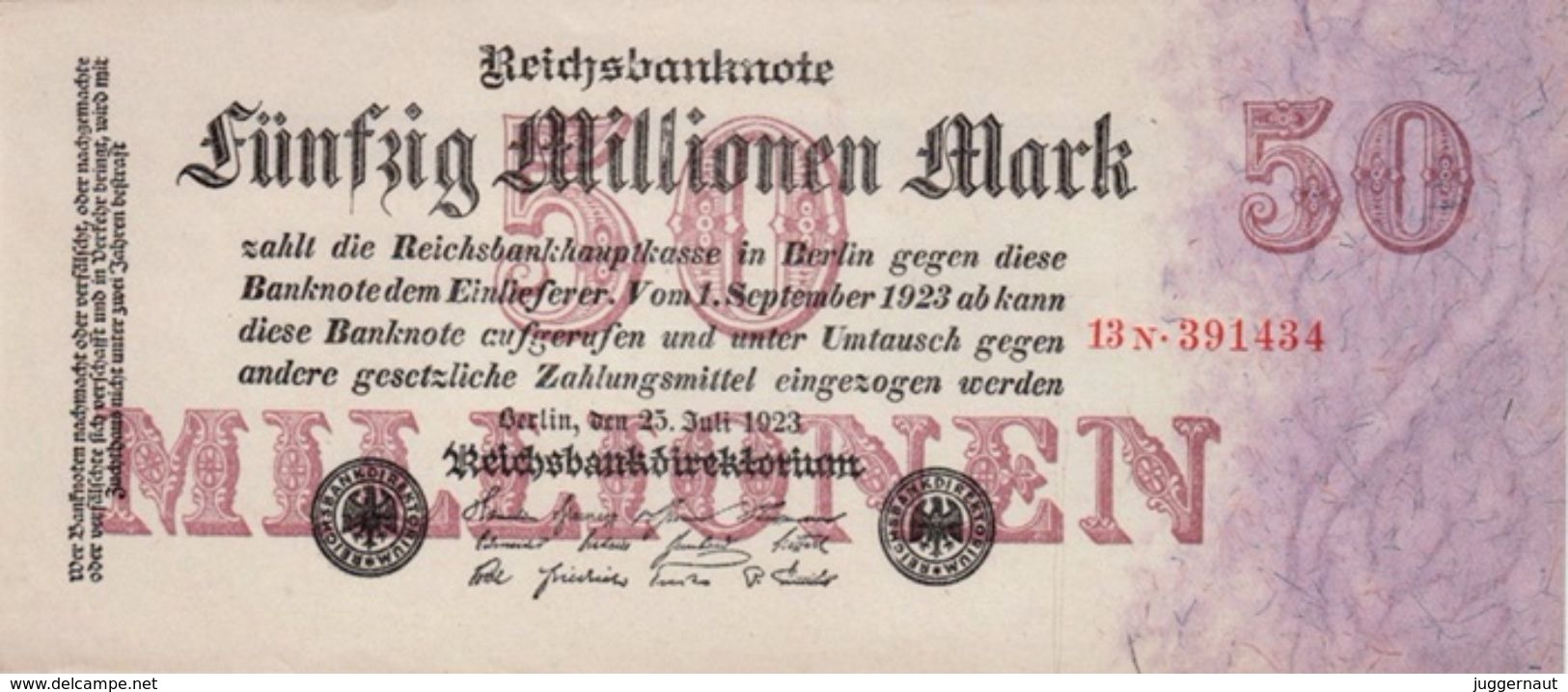 GERMANY 50 MILLIONEN MARK REICHSBANKNOTE 1923 AD PICK NO.98 UNCIRCULATED UNC - 50 Mio. Mark