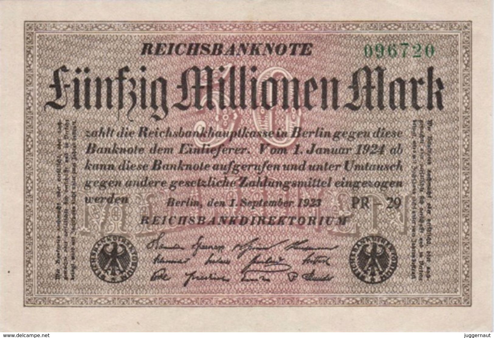 GERMANY 50 MILLIONEN MARK REICHSBANKNOTE 1923 AD PICK NO.109 UNCIRCULATED UNC - 50 Mio. Mark