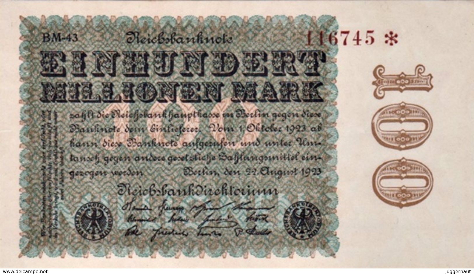 GERMANY 100 MILLIONEN MARK REICHSBANKNOTE 1923 AD PICK NO.107 UNCIRCULATED UNC - 100 Mio. Mark