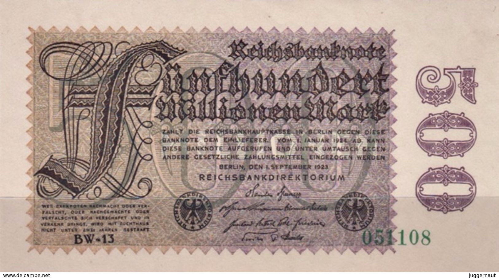 GERMANY 500 MILLIONEN MARK REICHSBANKNOTE 1923 AD PICK NO.110 UNCIRCULATED UNC - 500 Mio. Mark