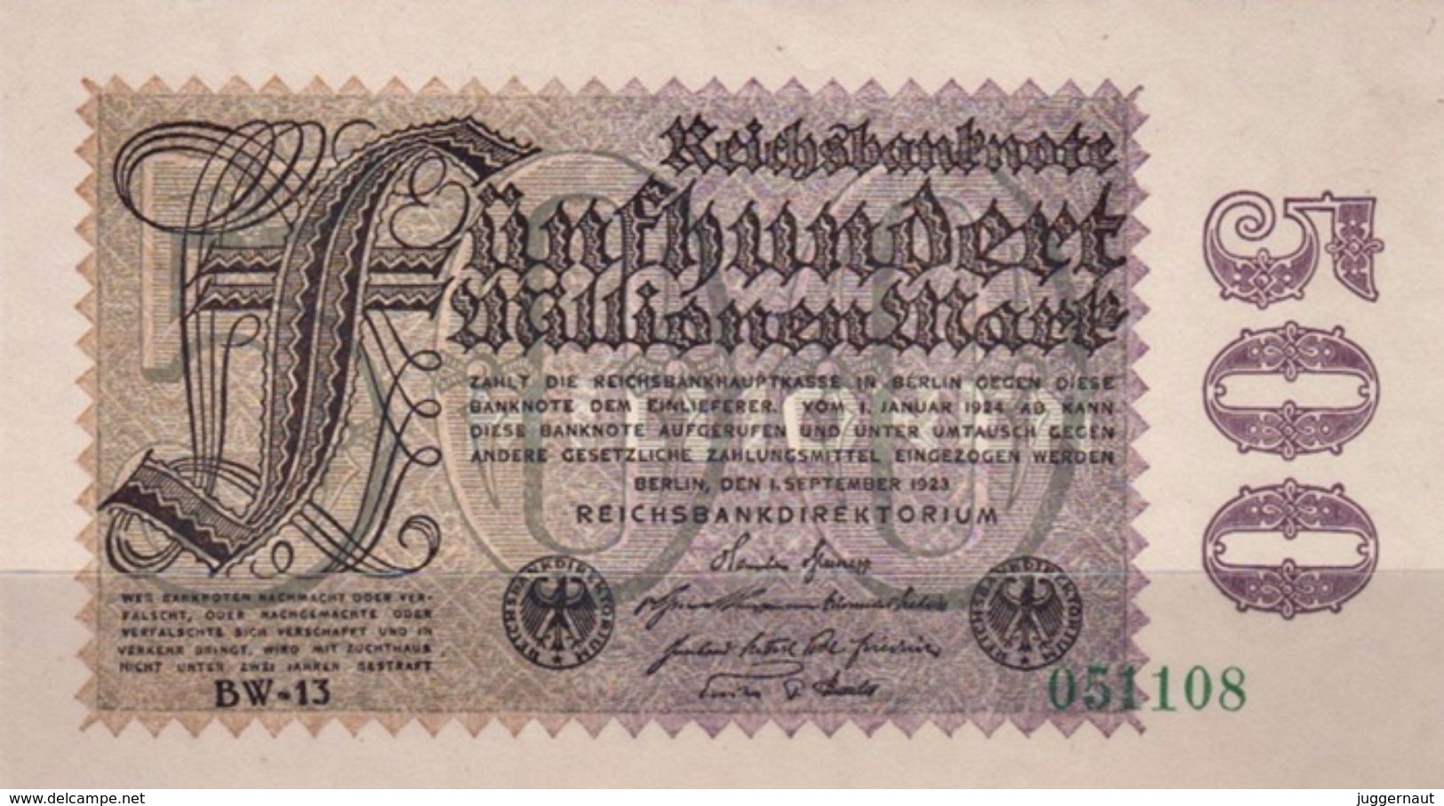 GERMANY 500 MILLIONEN MARK REICHSBANKNOTE 1923 AD PICK NO.110 UNCIRCULATED UNC - 500 Miljoen Mark