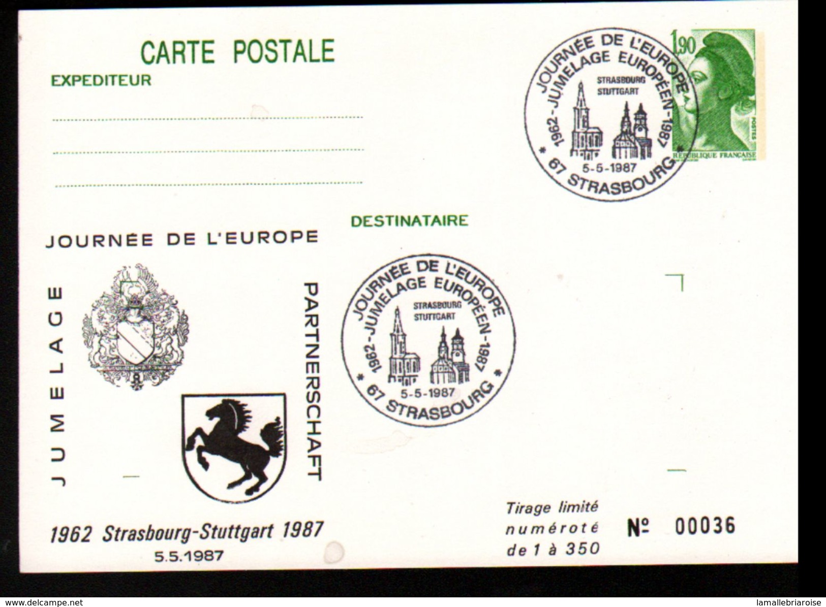 Entier Postal ,stationery Card, 67 Strasbourg, Journée De L'Europe, Jumelage Avec Stuttgart - Cartes Postales Repiquages (avant 1995)