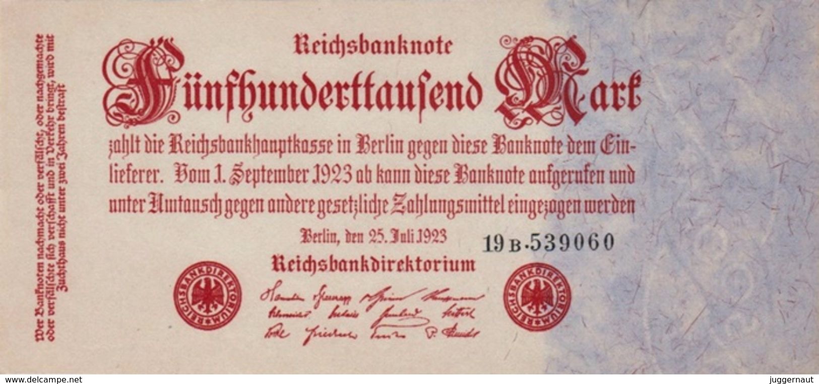 GERMANY 500 THOUSAND MARK REICHSBANKNOTE 1923 AD PICK NO.92 UNCIRCULATED UNC - 500.000 Mark