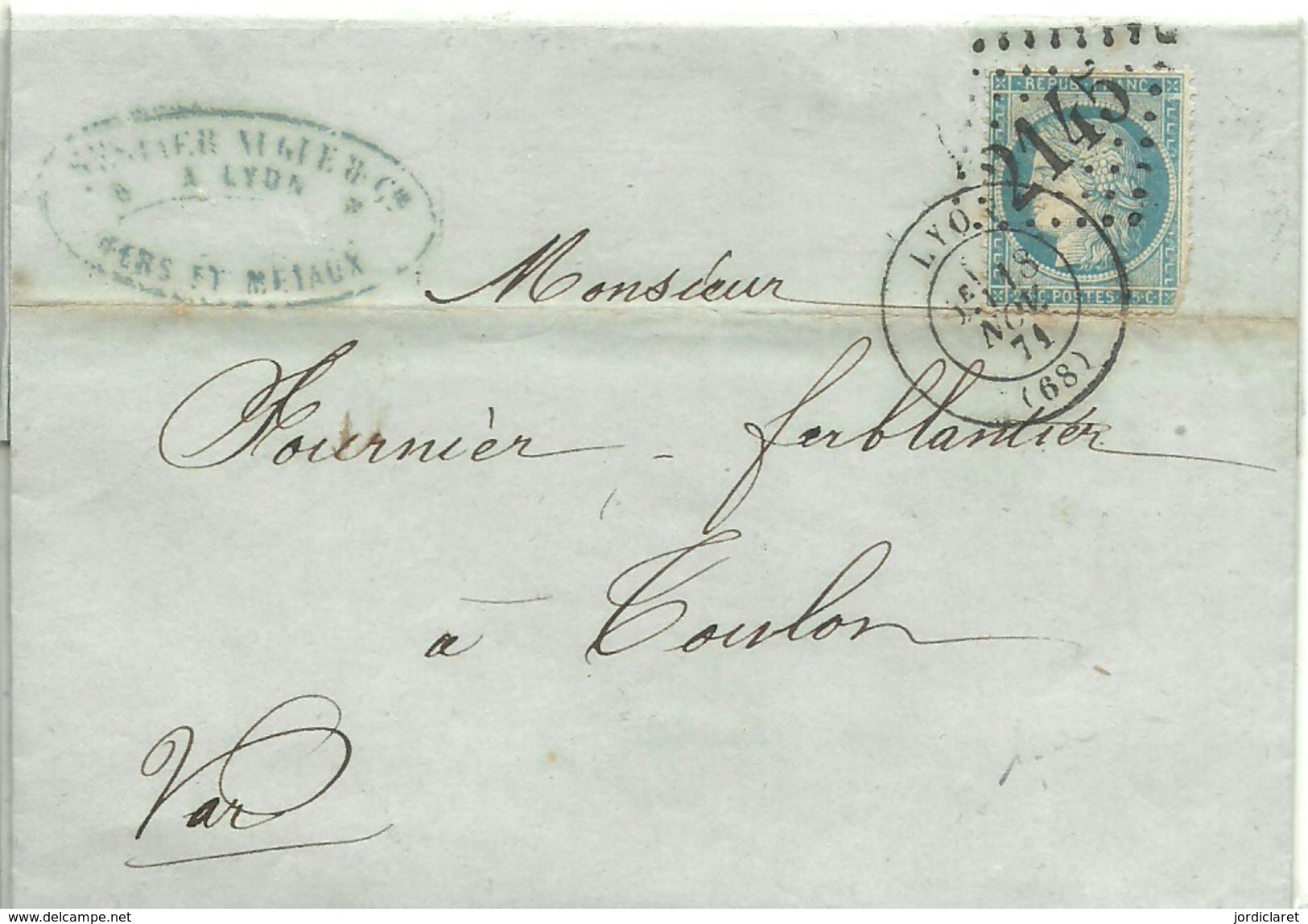 LETTER 1871  LYON - 1849-1876: Periodo Clásico