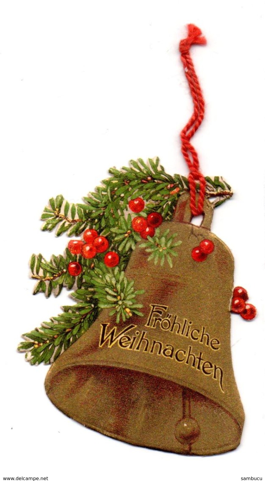 Christbaum - Anhänger Aus Karton, Glocke Mit Tannenzweig Und Früchten, Eibe Mit Beeren - Sehr Alt - Kerstversiering