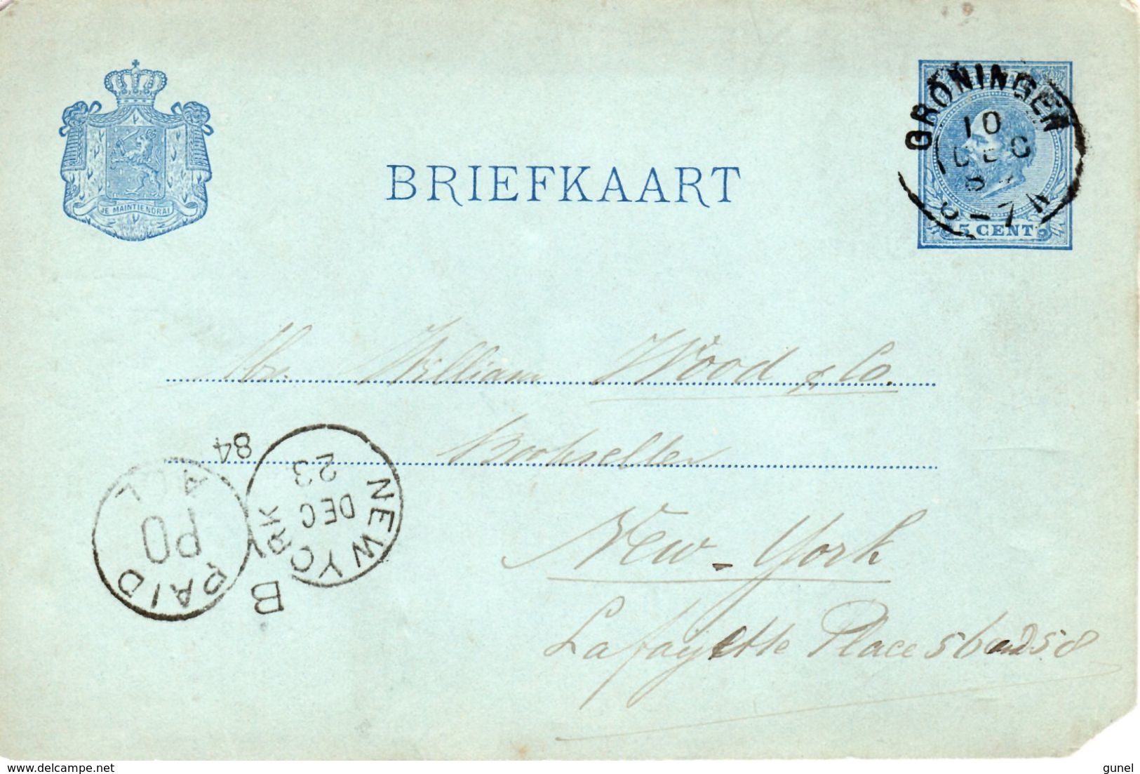 1884 Bk Met Particuliere Bijdruk Van Groningen Naar New York - Postal Stationery