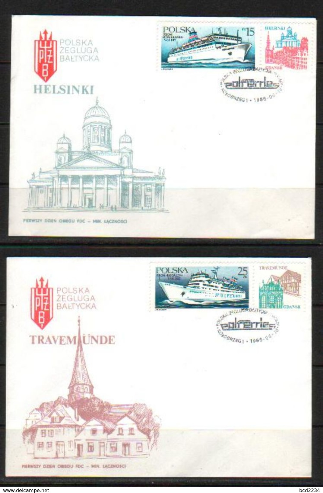 POLAND FDC 1986 POLISH BALTIC FLEET PASSENGER FERRIES SHIPS Ystad Sweden Denmark  Helsinki Finland Travemunde Germany - Schiffe