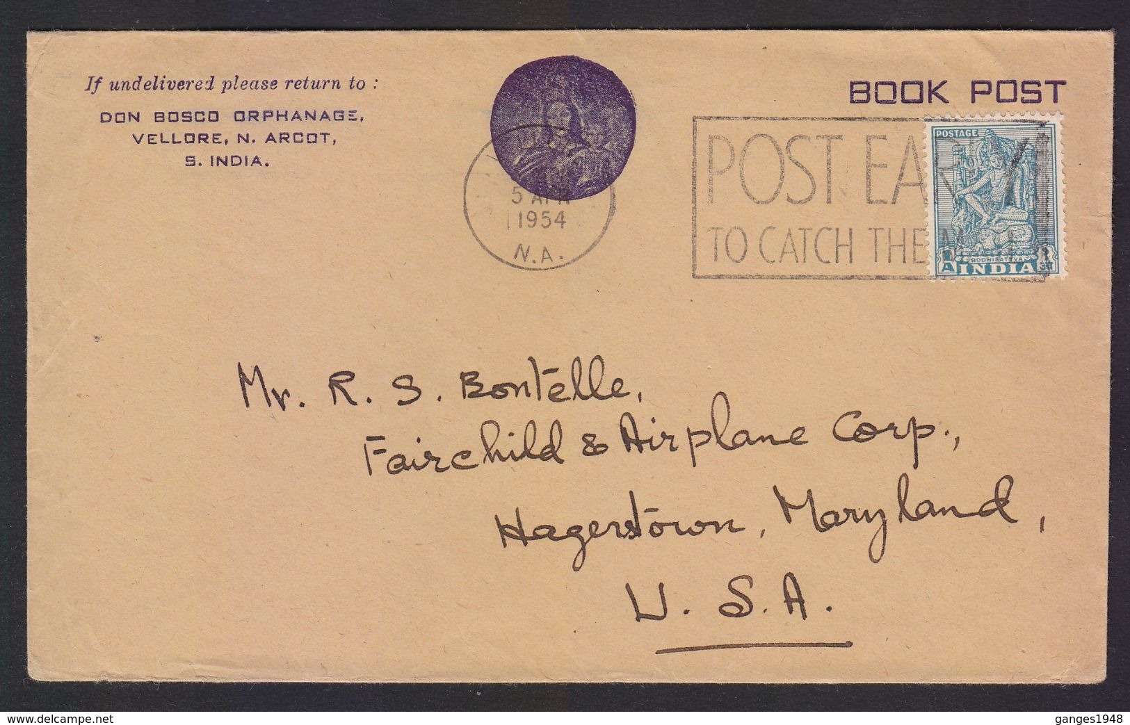 India 1954 Don Bosco Orpanage Cover BODHISATVA Stamp  To United States # 23407 - Covers & Documents