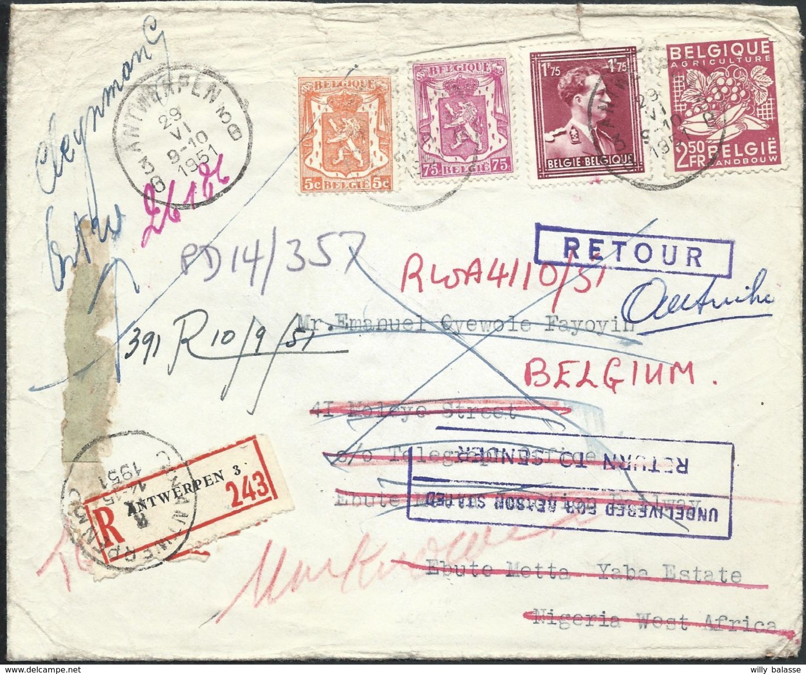 L Recomm Affr N°419+713+769+832 D'ANTWERPEN/1951 Pour Le Nigéria + RETOUR + UNDELIVERED FOR REASON STATED .. - 1948 Export