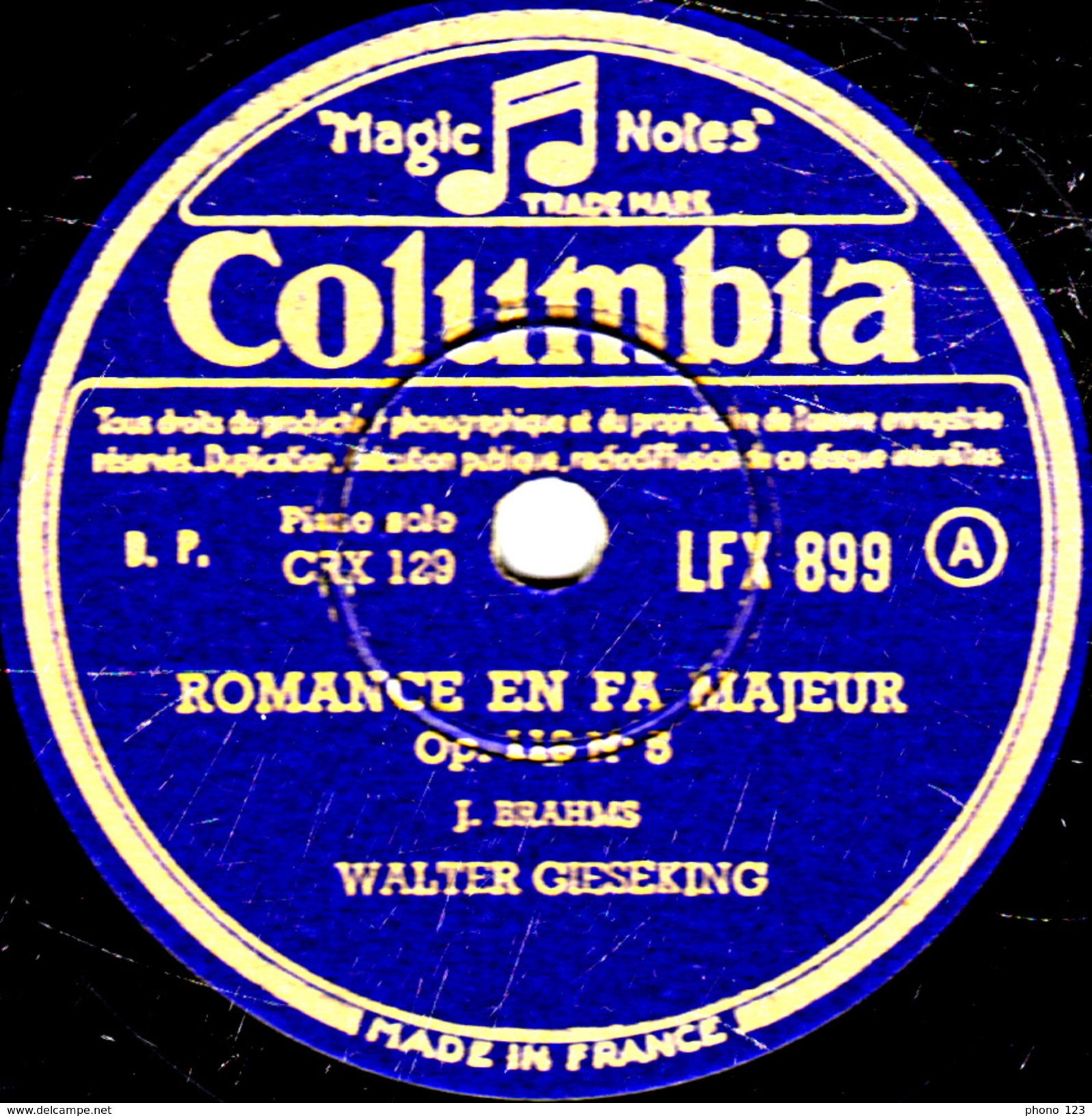 78 T - 30 Cm. - état B - WALTER GIESEKING Piano Solo - INTERMEZZO EN SI BEMOL MINEUR - ROMANCE EN FA MAJEUR - 78 T - Disques Pour Gramophone