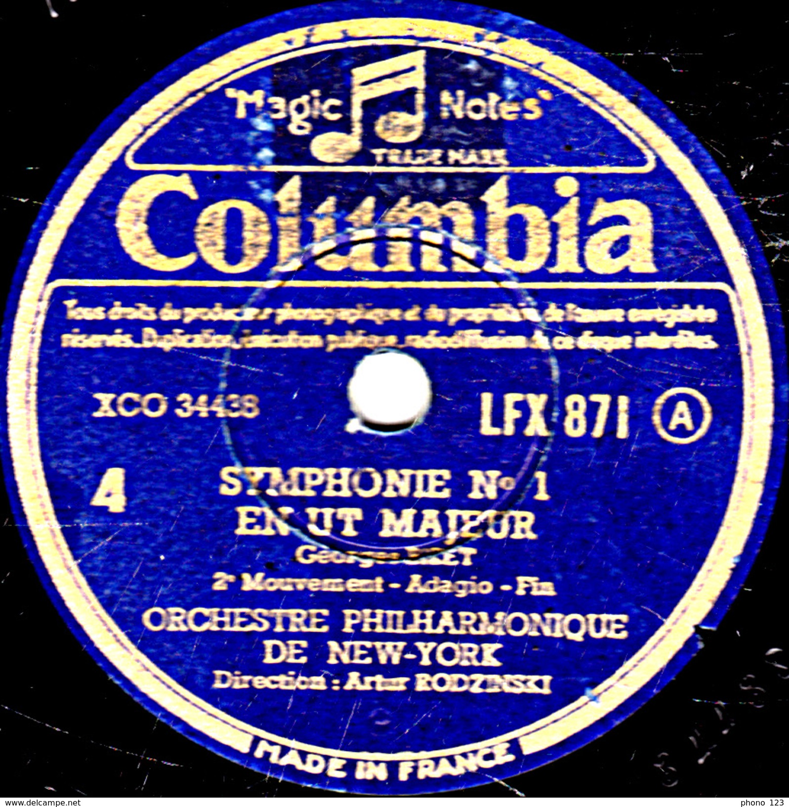 78 T - 30 Cm. - état TB - ORCHESTRE PHILHARMONIQUE DE NEW-YORK - SYMPHONIE N°1 EN UT MAJEUR (BIZET) 3 Et 4 - 78 T - Disques Pour Gramophone