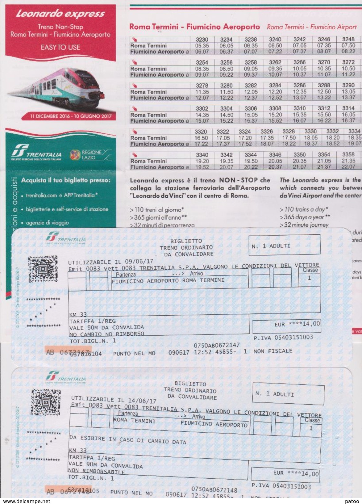 2 BILLETS  ( ALLER ET RETOUR ) TRENITALIA  TRAJET AEROPORT DE ROME / CENTRE VILLE  +   INFORMATIONS HORAIRES 2017 - Europe